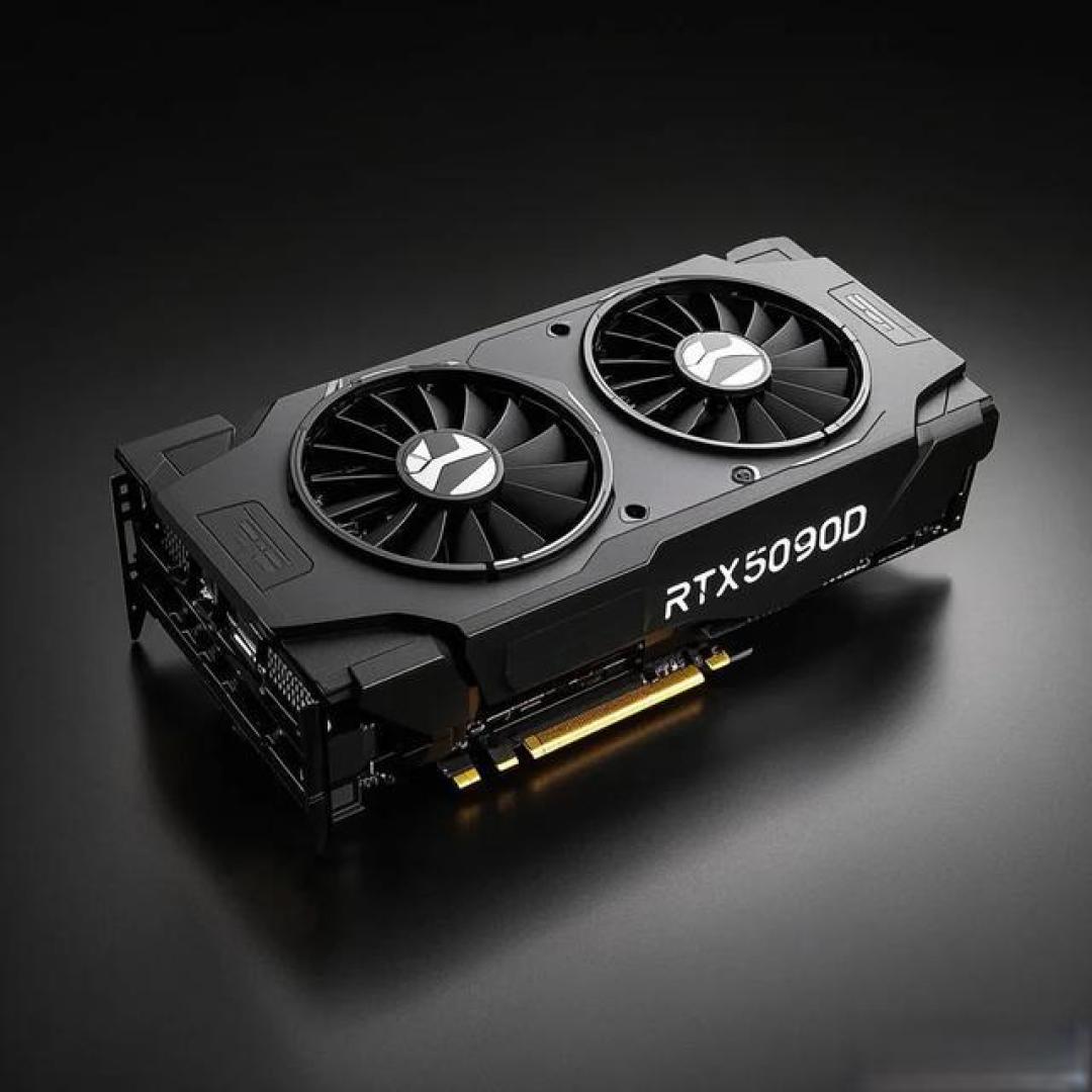 英伟达 RTX 5090 显卡实物图：双风扇 + 黑色金属护版的旗舰 GPU 计算卡，正面标识 RTX5090D，适用于大模型推理与边缘智算